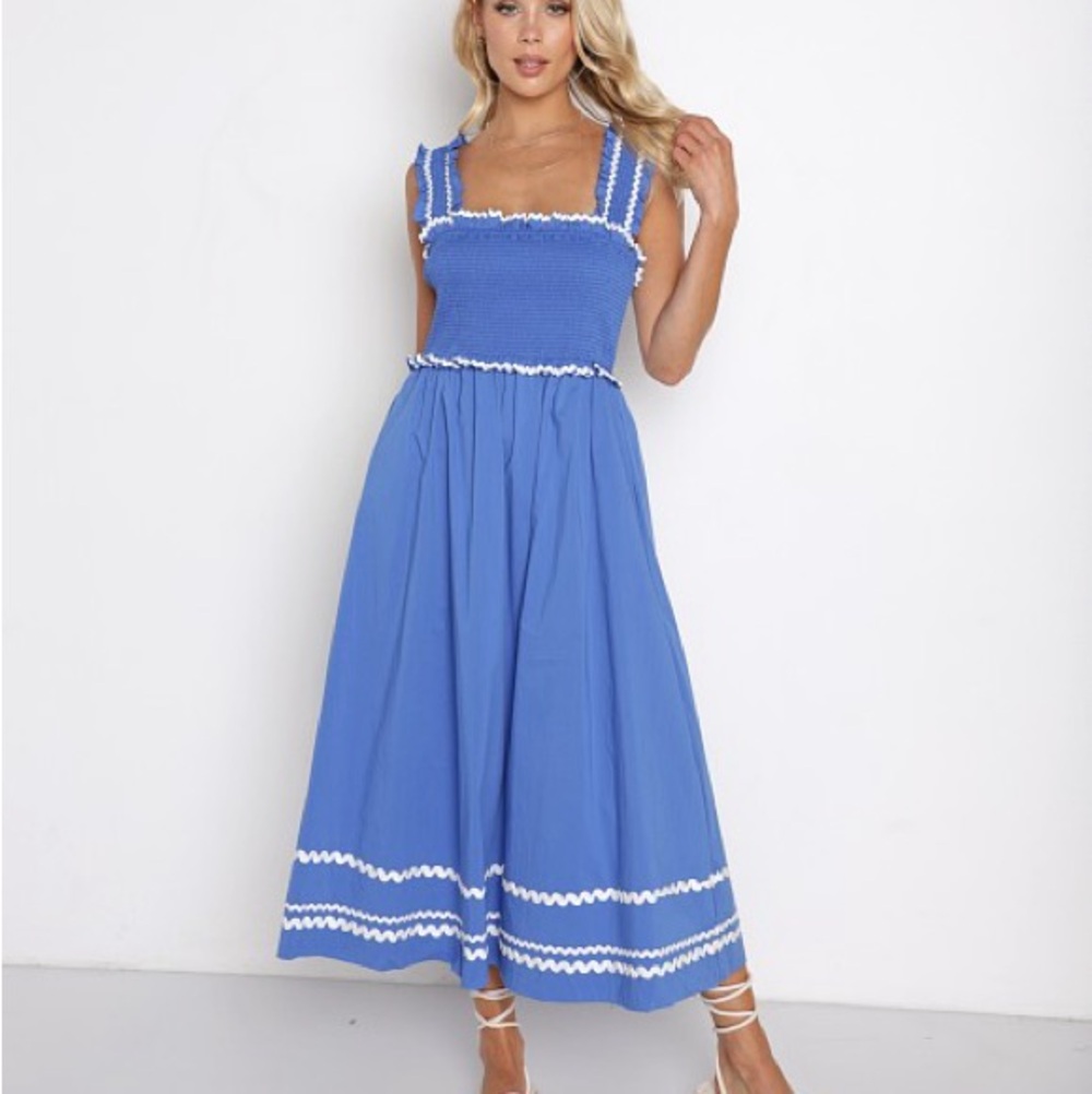 En Saison Smocked Sun Dress Blue XS New With Tags | Rickrack Trim Cotton Blend - Picture 2 of 8